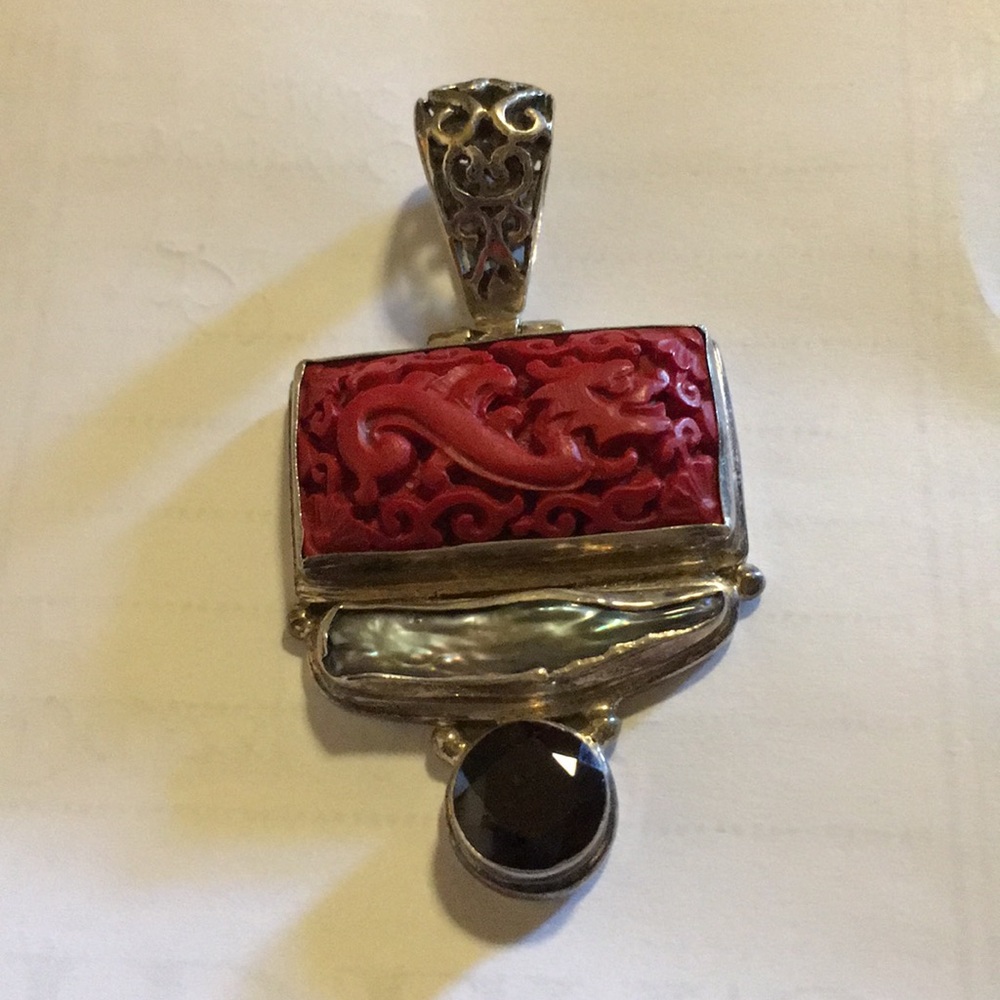 Red coral/ motherp/pearl, garnet pendant